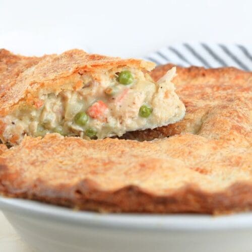A slice of pot pie on a pie server being lifted from the pie dish