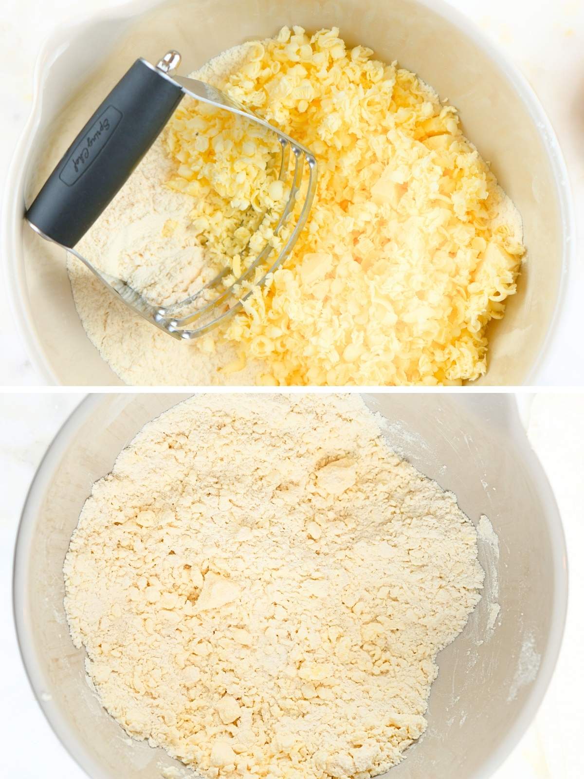 Butter and flour in a bowl, and a bowl with pie dough in it