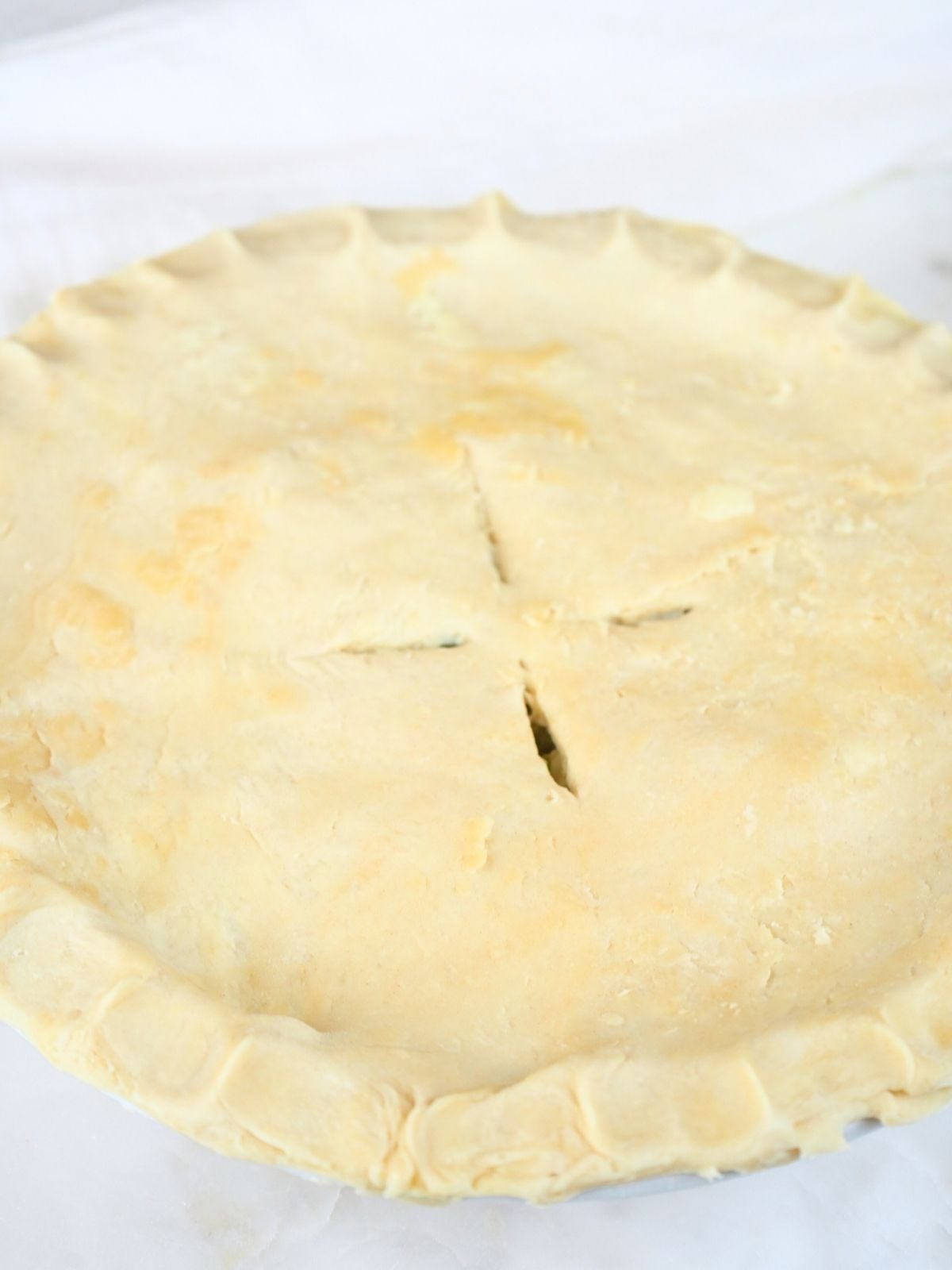 Sourdough chicken pot pie with slits cut for ventilation.