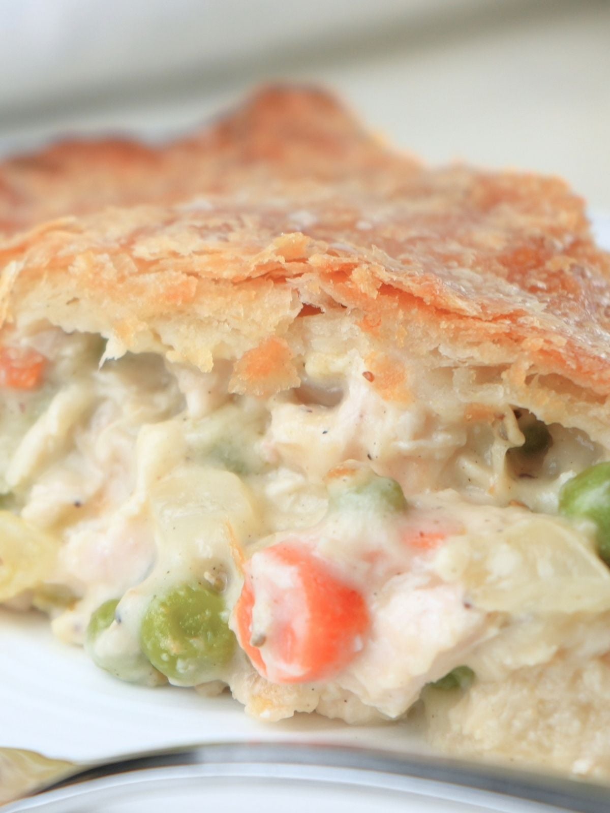 A slice of sourdough chicken pot pie on a plate.