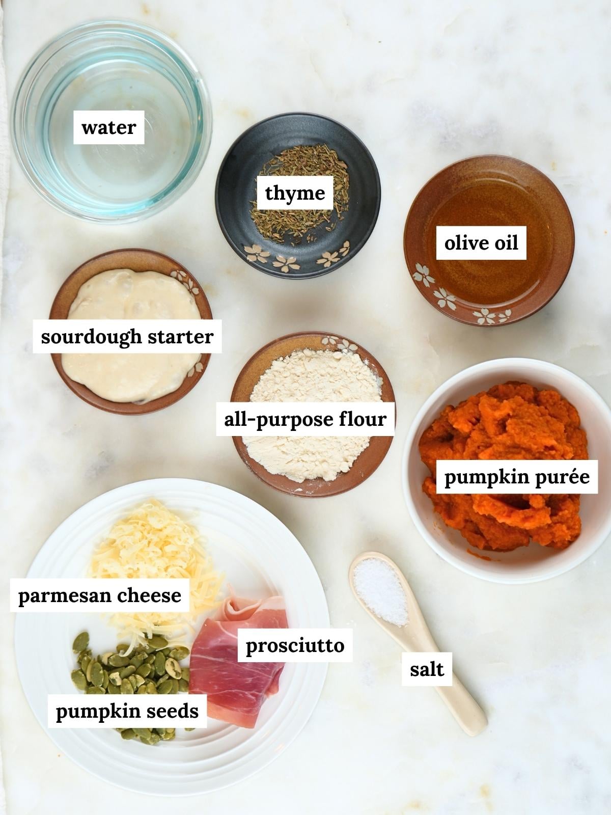 Ingredients displayed and labeled for sourdough pumpkin focaccia