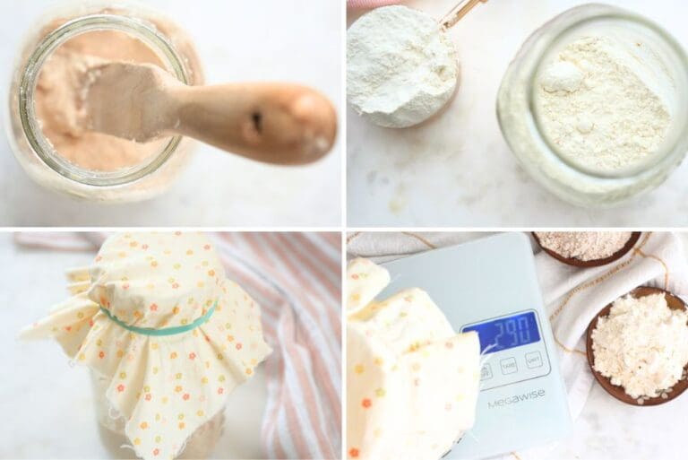 A collage of sourdough supplies showing jars, a spurtle, lid, and flour