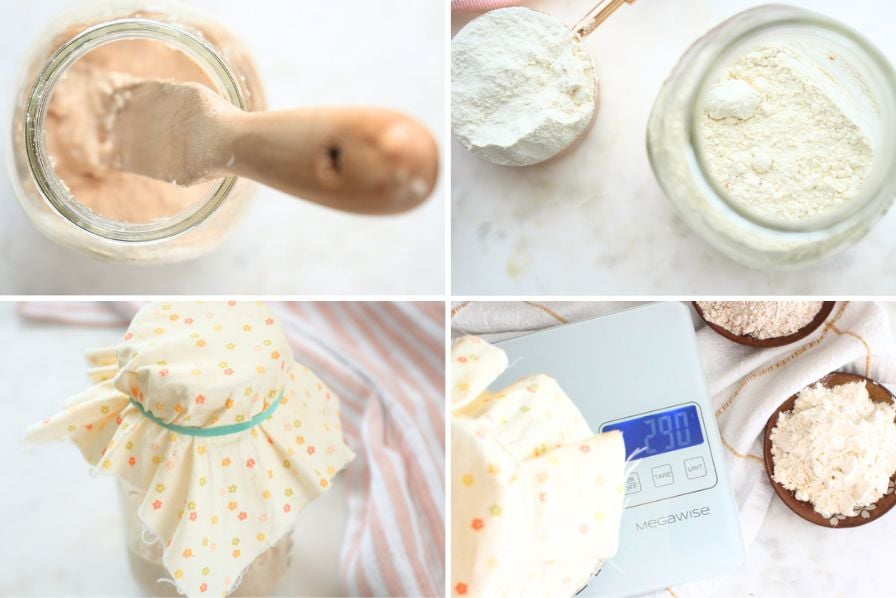 A collage of sourdough supplies showing jars, a spurtle, lid, and flour