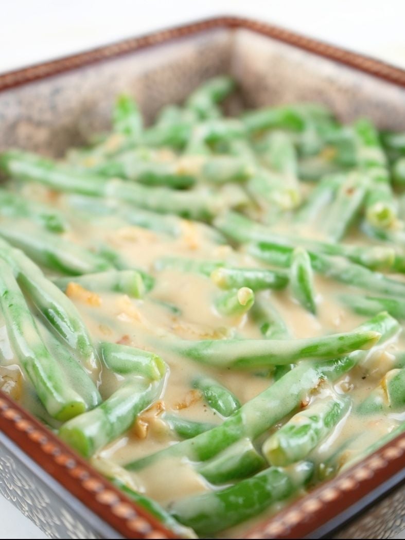 Green bean mixture in a baking dish