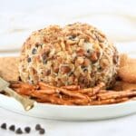 Chocolate chip cheese ball on a white platter with a variety of dippers