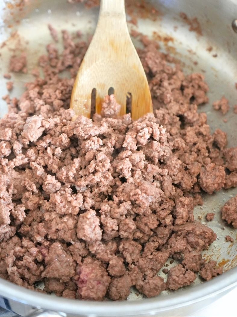 Browned ground beef in a skillet
