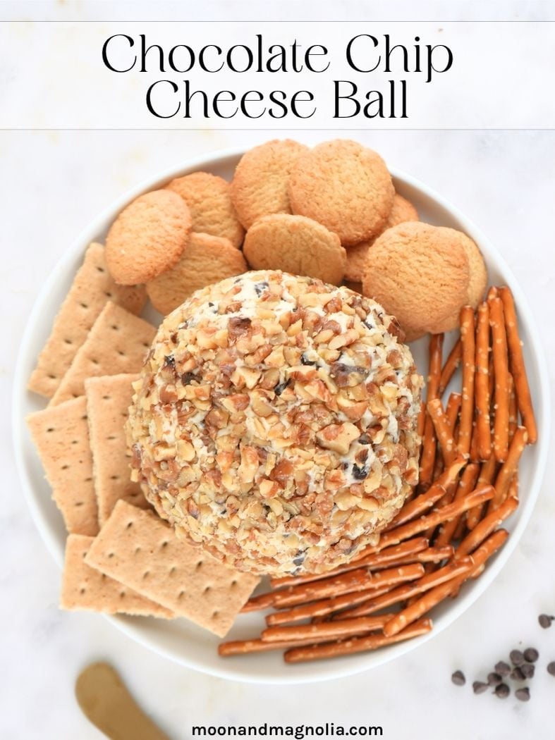 An overhead view of a dessert platter with a cheese ball in center. Text overlay says, "Chocolate Chip Cheese Ball"