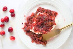 A block of cream cheese covered in cranberry salsa with fresh cranberries scattered