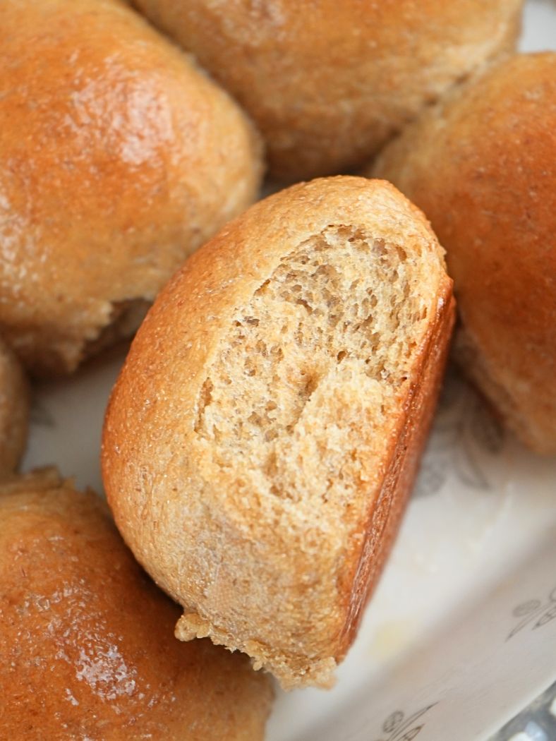 Close up of a dinner roll made with fresh-milled flour