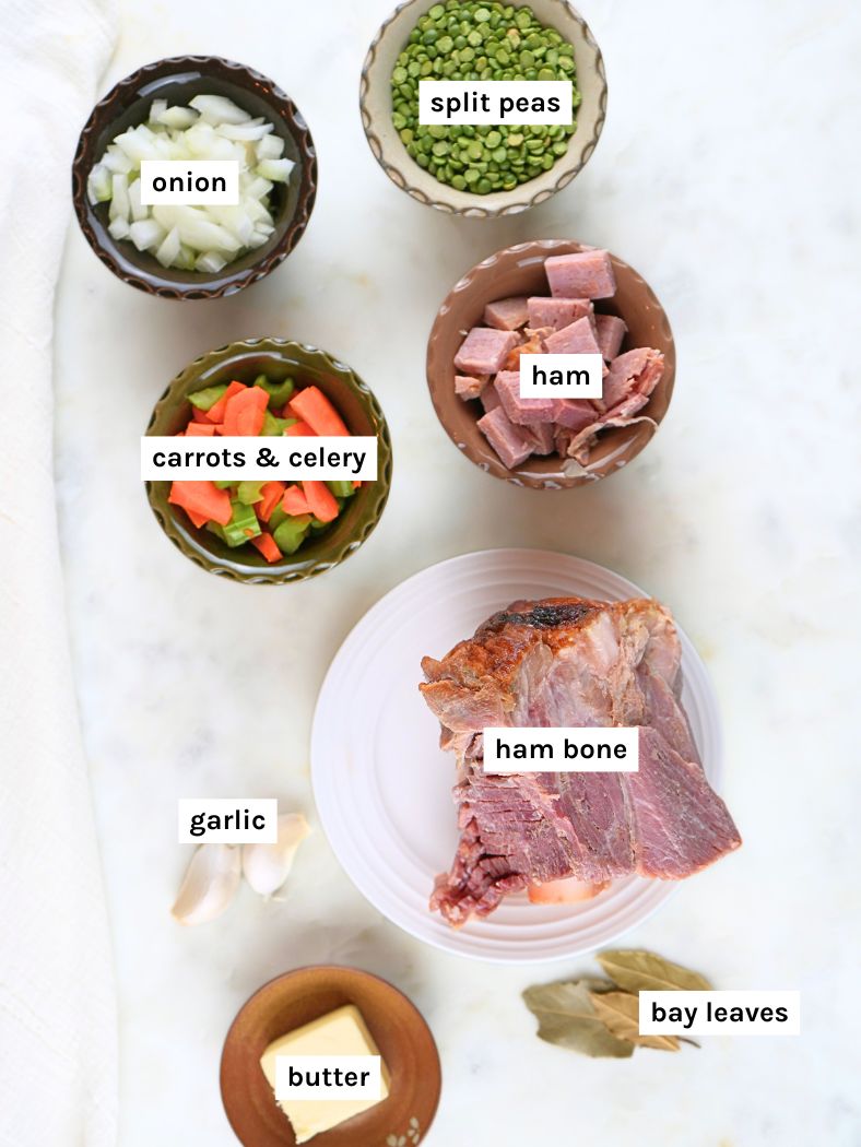 Split pea soup ingredients displayed and labeled