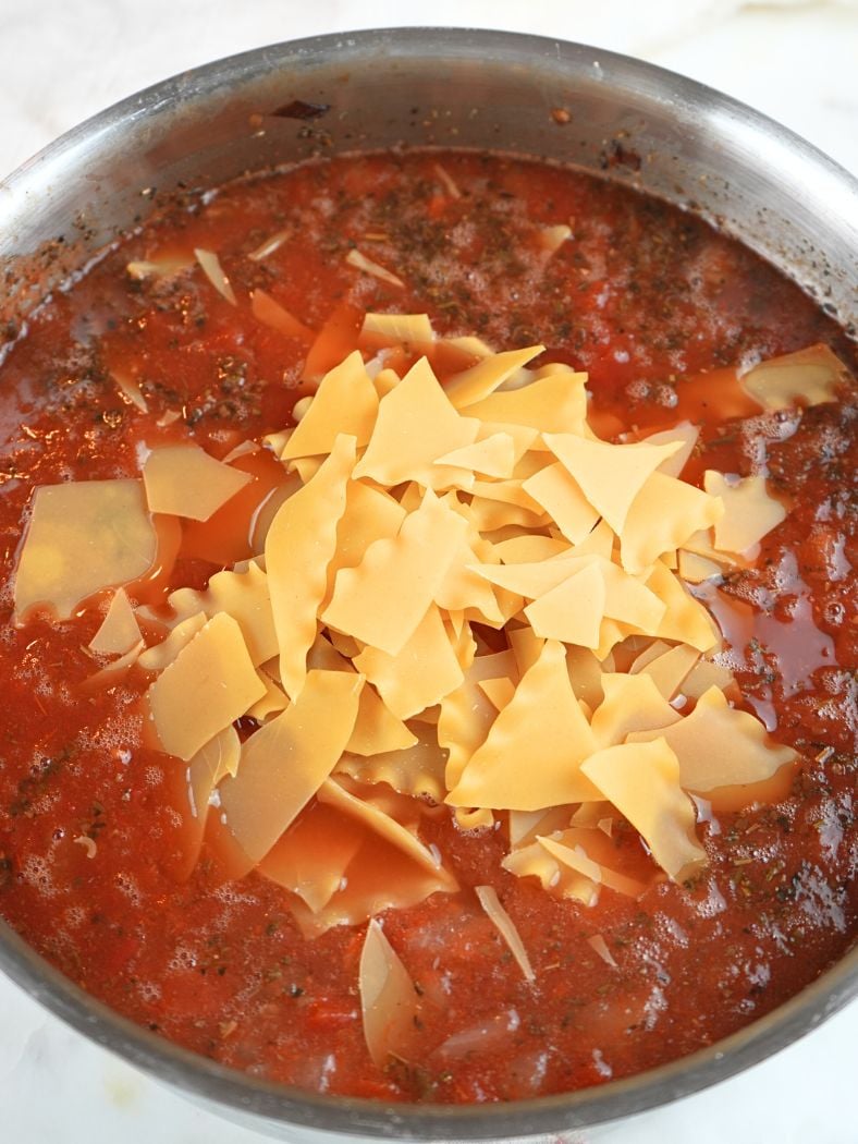 Broken lasagna noodles in a pot of soup