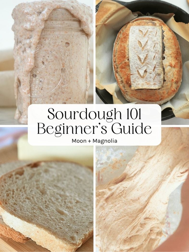 A collage of sourdough images (starter, bread, and dough). Text overlay says "Sourdough 101 Beginner's Guide"