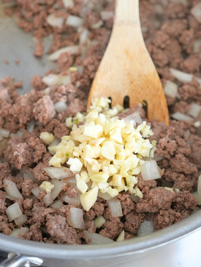 Browned ground beef and onions with minced garlic