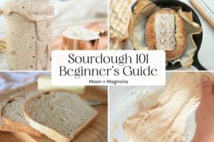 Images of starter, bread, and dough with text overlay "Sourdough 101 Beginner's Guide"