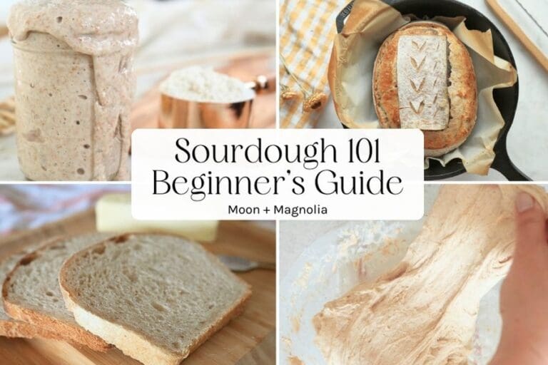 Images of starter, bread, and dough with text overlay "Sourdough 101 Beginner's Guide"