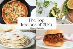 A collage with pizza, herb butter, sourdough tortillas, and sloppy joes with text overlay "The Top Recipes of 2025"