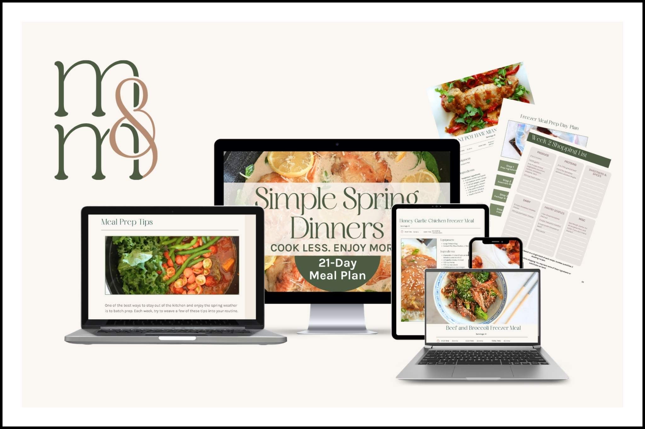 Electronic devices showing pages of a spring meal plan ebook.