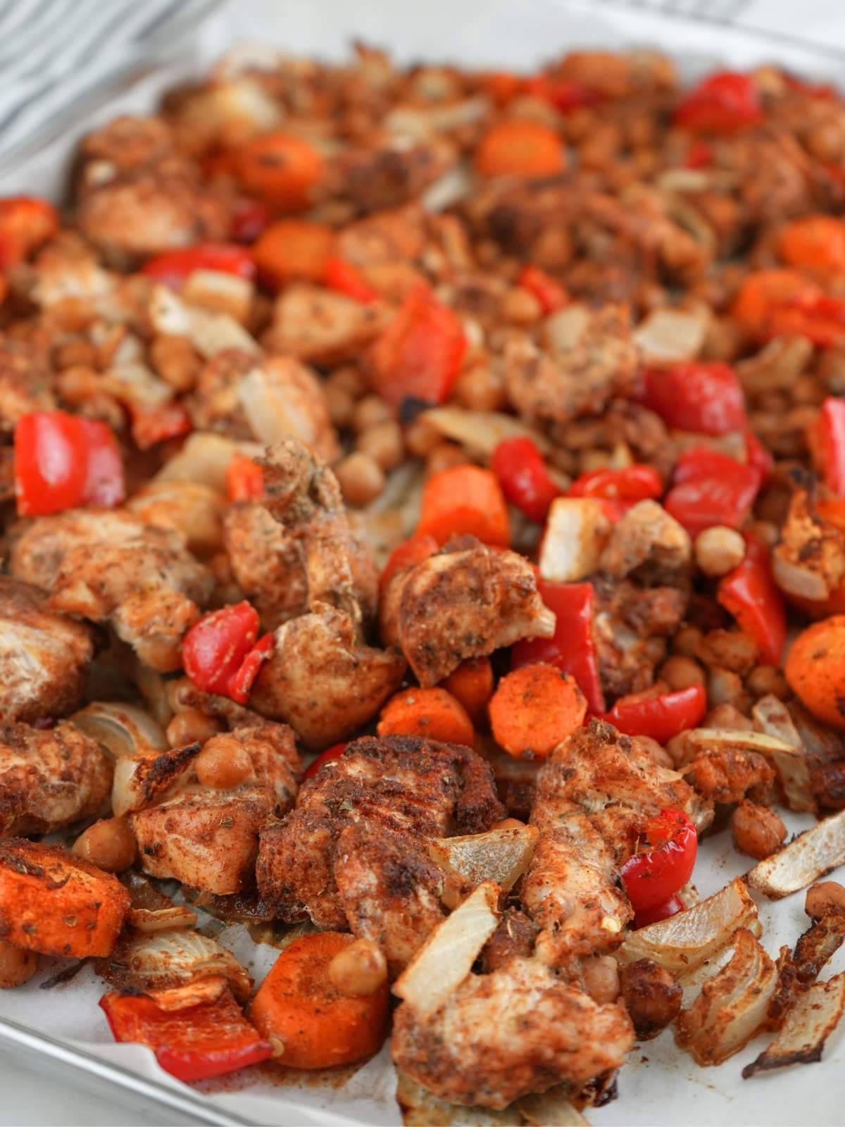 Roasted chicken shawarma on a sheet pan.