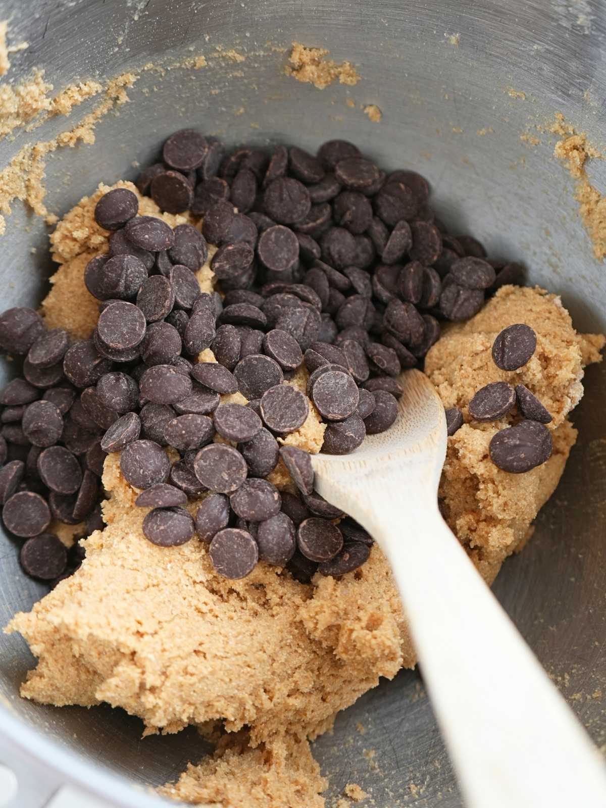 Chocolate chips in a bowl with cookie dough.
