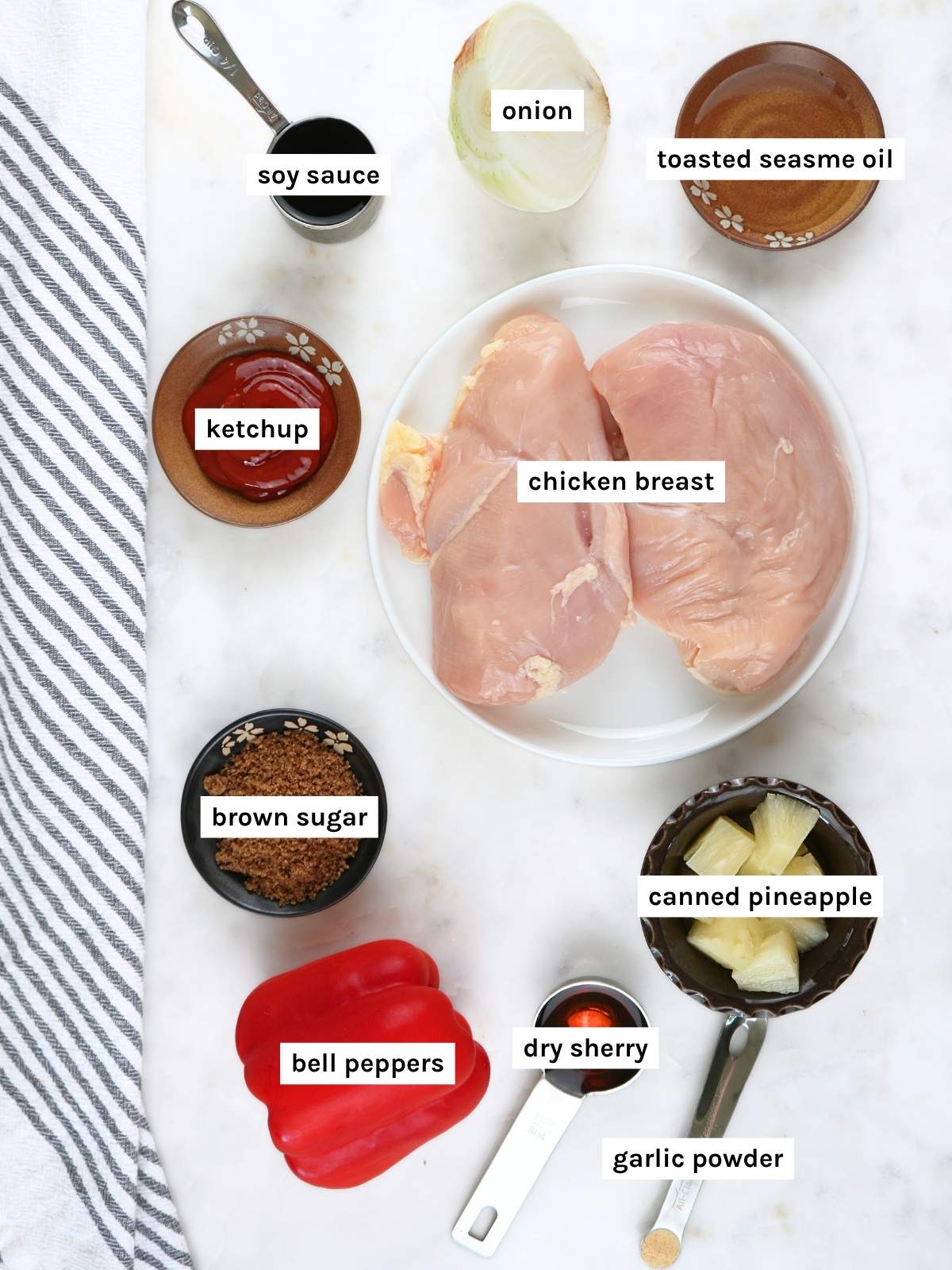 Sweet and sour chicken ingredients displayed and labeled.