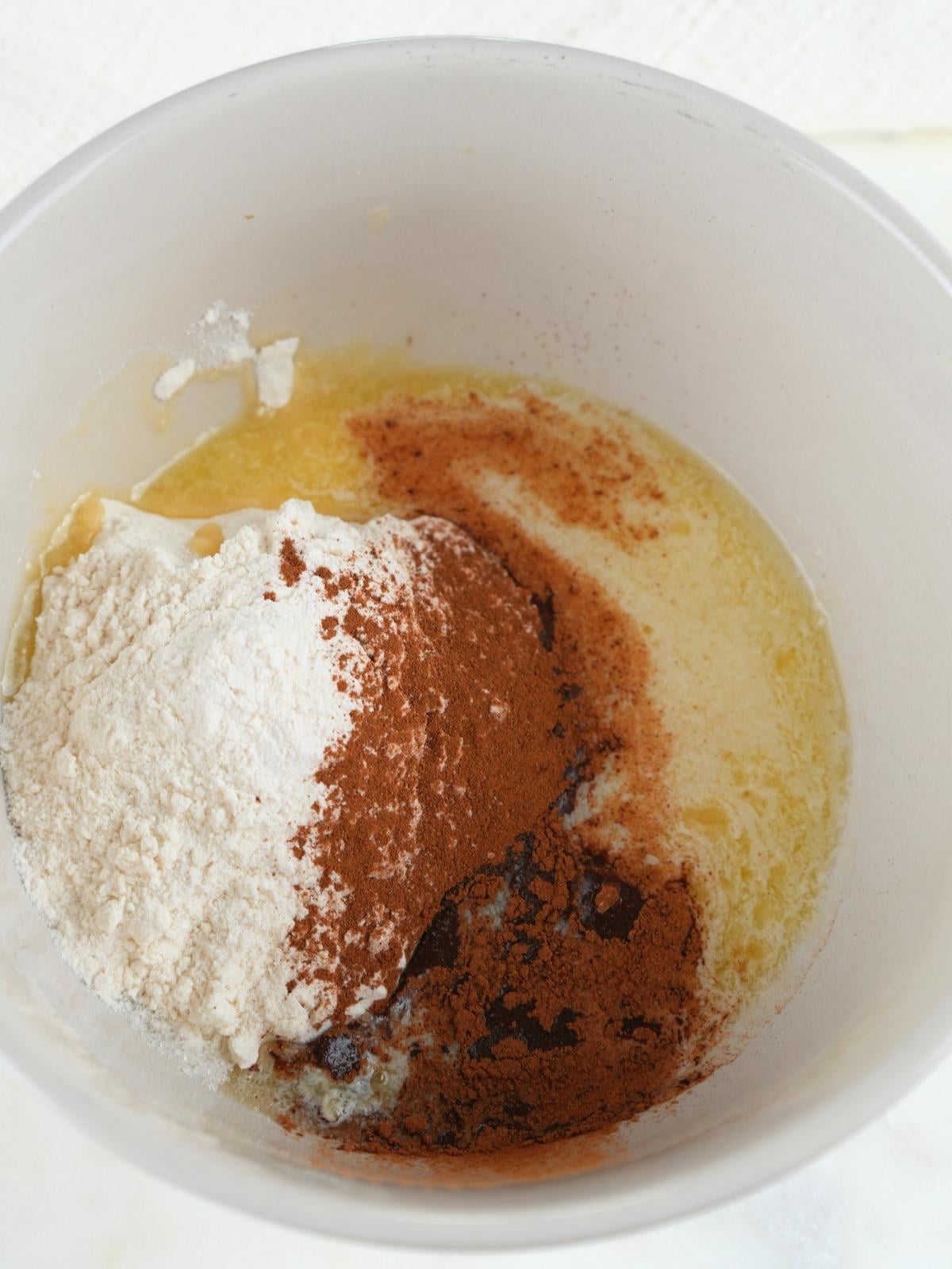 Crumble topping ingredients in a mixing bowl.