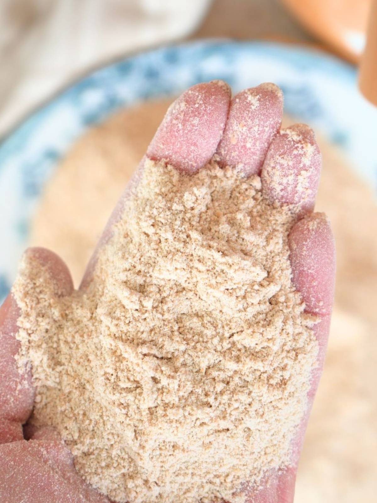 A hand holding freshly milled flour.