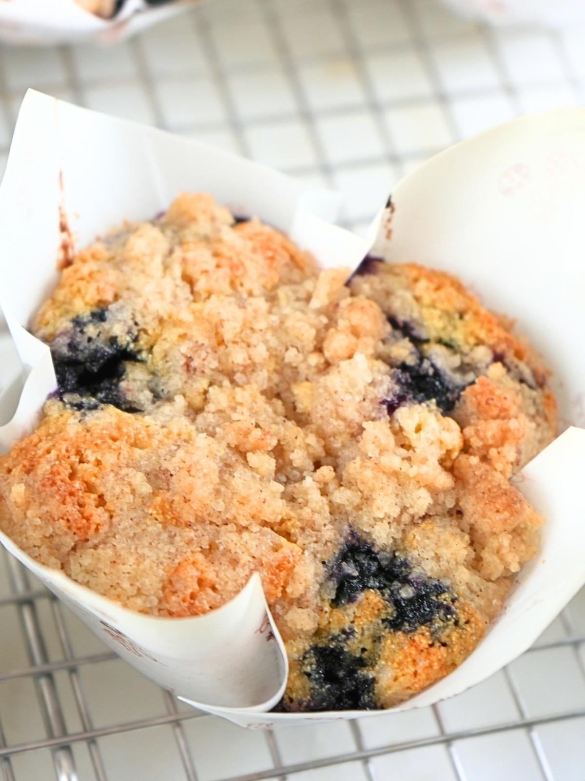 A fresh-milled blueberry muffin on a wire cooling rack.