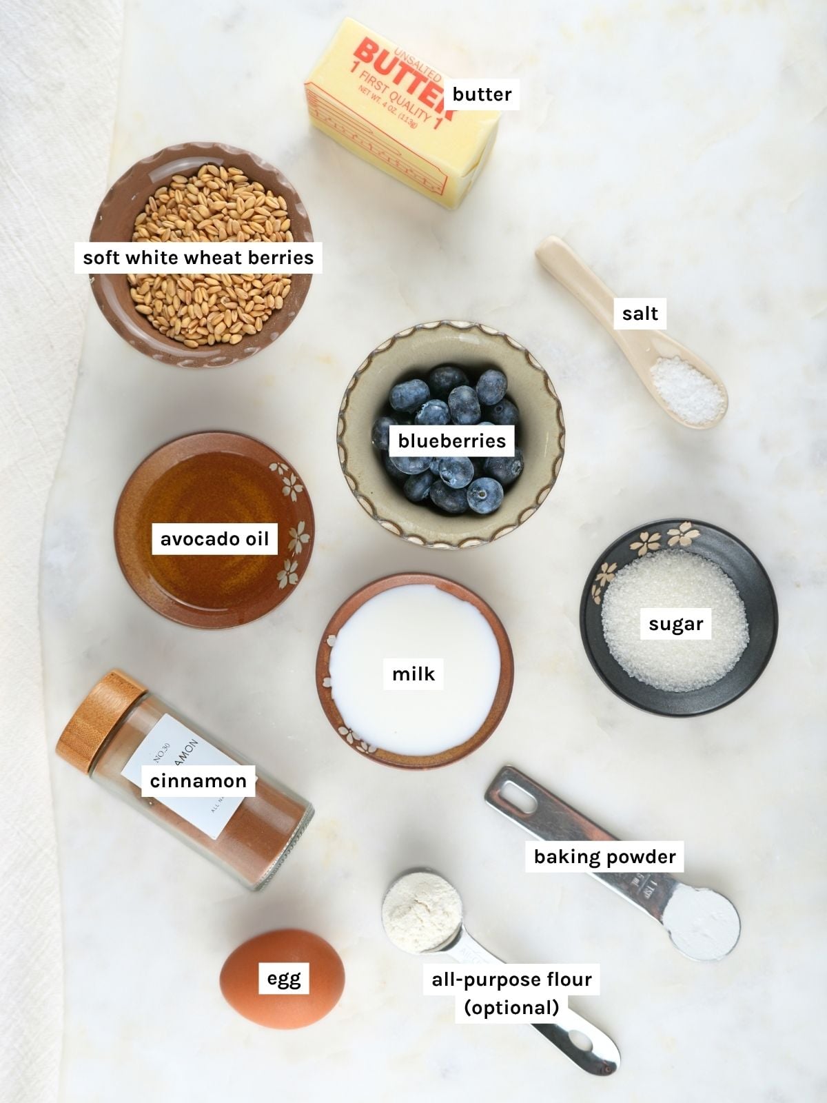 Muffin ingredients displayed and labeled.