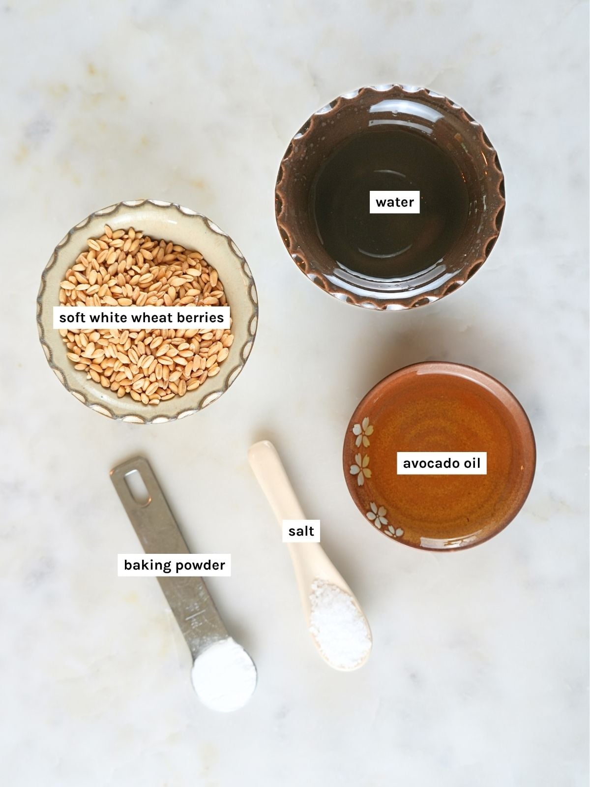 Fresh milled tortilla ingredients displayed and labeled.