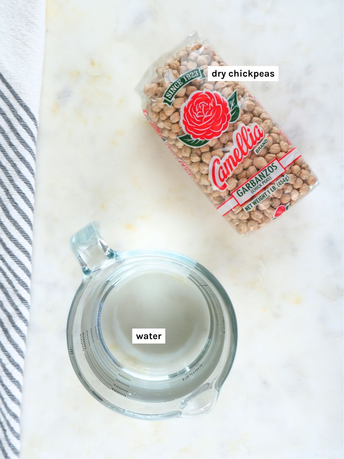 Instant Pot chickpeas ingredients displayed and labeled.