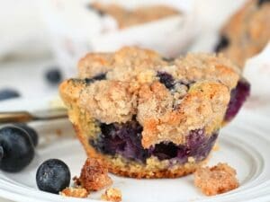 A blueberry muffin with fresh flour on a plate with fresh berries.