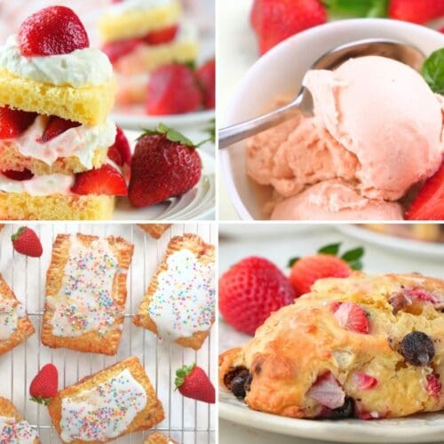 A collage of four easy strawberry dessert recipes.