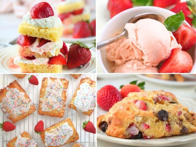 A collage of four easy strawberry dessert recipes.