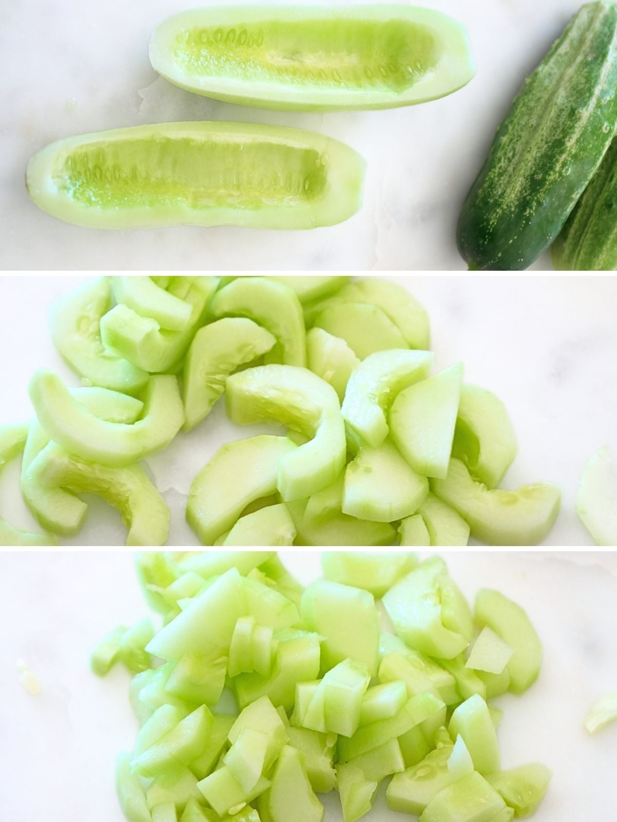 Cucumbers shown halved, sliced, and diced