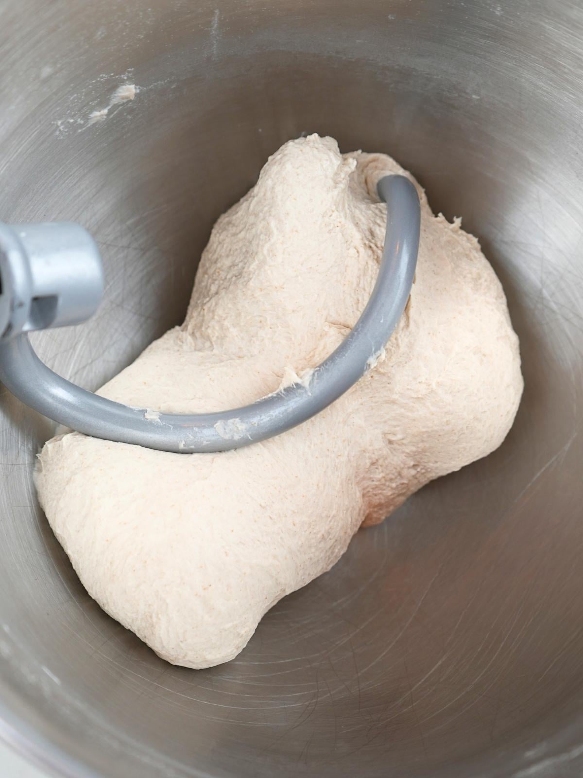 Mixed sourdough baguette dough with a dough hook.