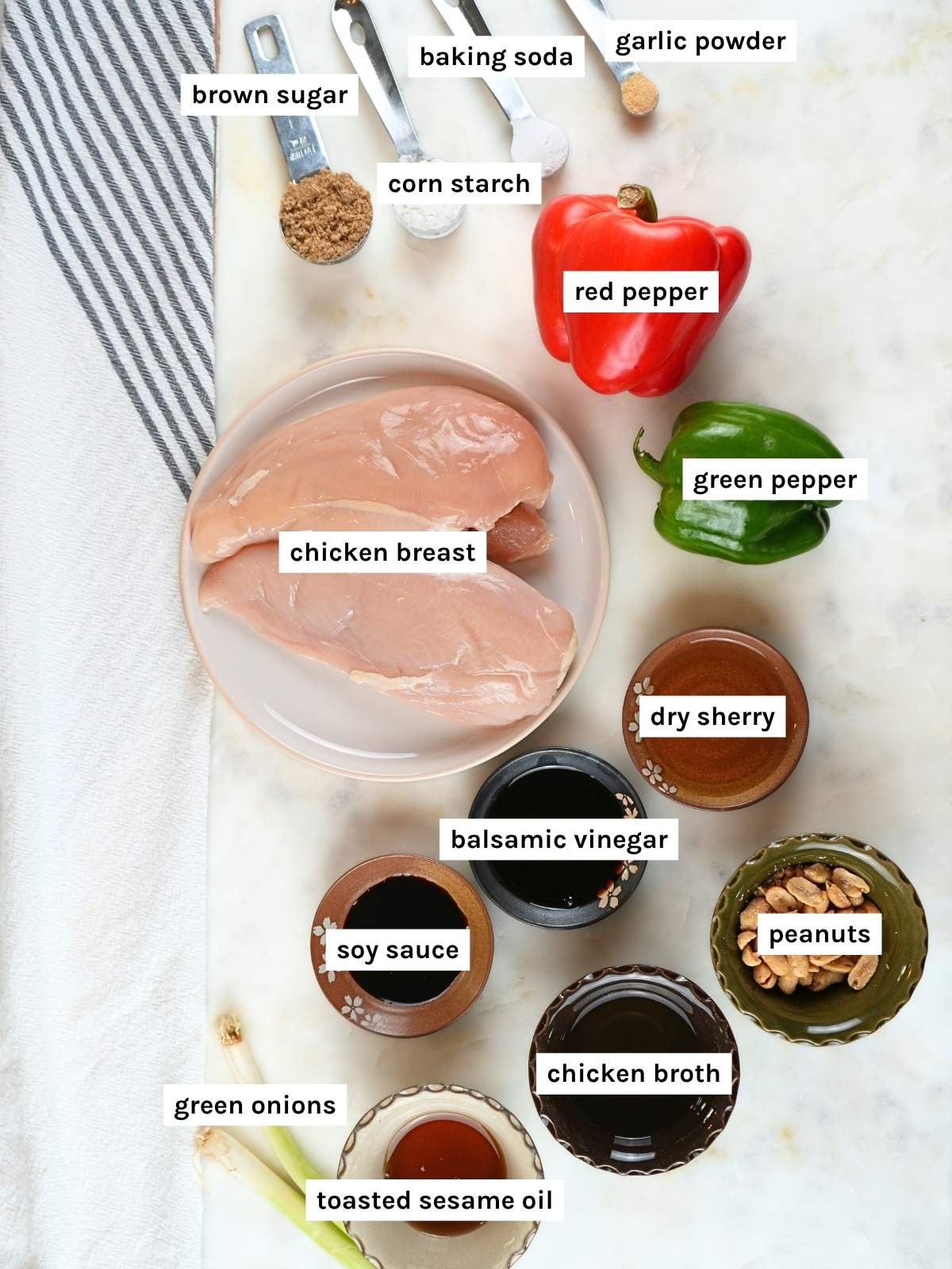 Kung pao chicken ingredients displayed and labeled.