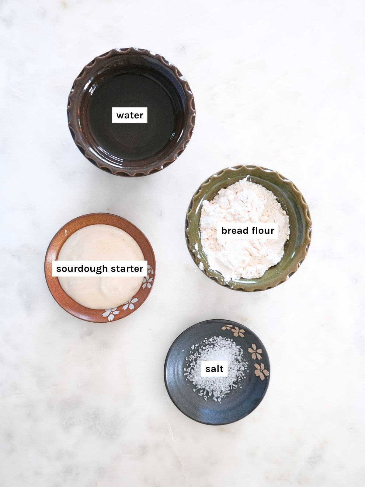 Sourdough baguette ingredients displayed and labeled.