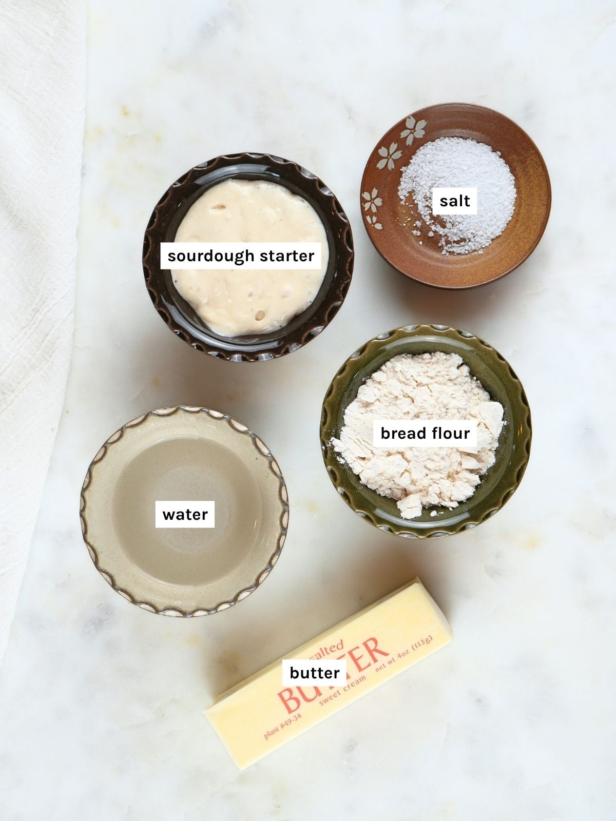 Sourdough croissant bread ingredients displayed and labeled.