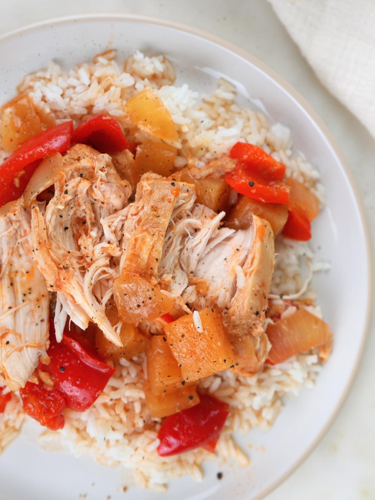 Sweet and sour chicken freezer meal on a plate.
